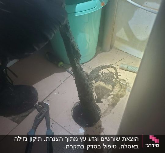 פתיחת סתימה עם כלי עבודה על רצפה רטובה